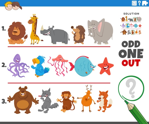 odd one out game with cartoon animal characters