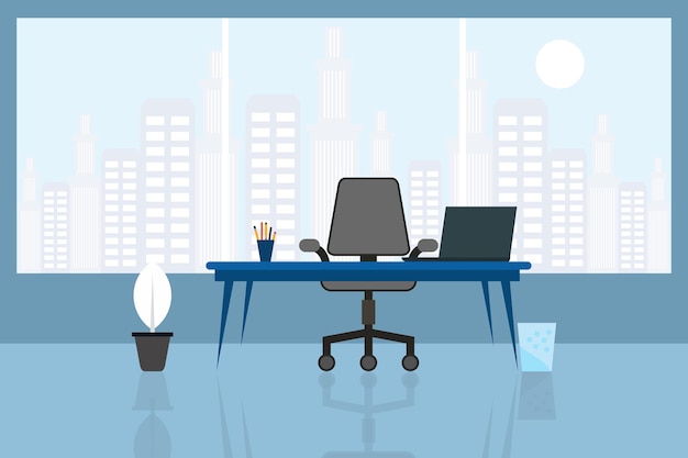 Office desk with a chair and a laptop on it.