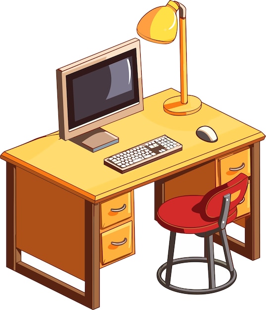 Office desk with computer and lamp Modern business workplace Home workspace table Vector illustration