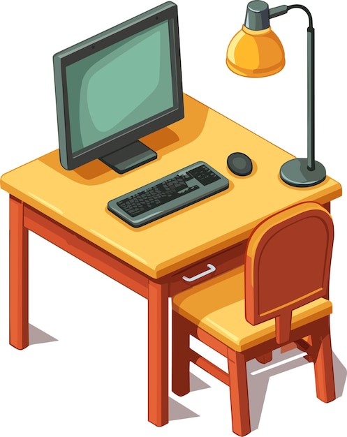 Office desk with computer and lamp Modern business workplace Home workspace table Vector illustration