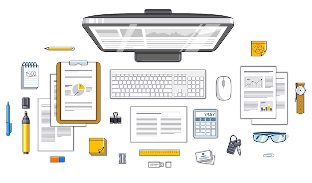 office employee or entrepreneur work desk workplace with pc computer and analytics papers with graphs and data and stationery objects on table. all elements are easy to use separately. vector.
