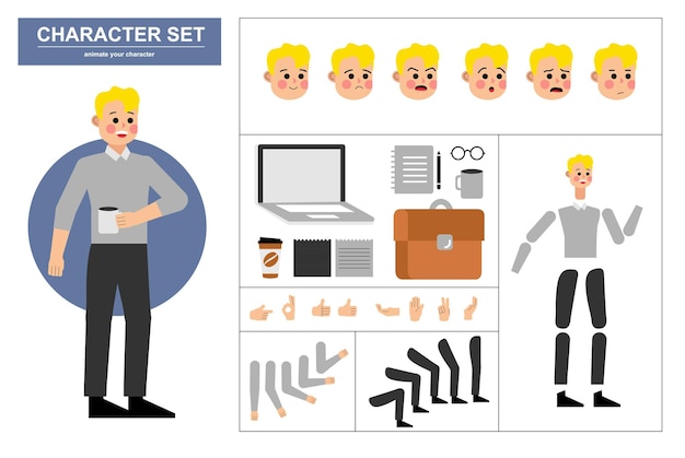 office man character constructor with various views face emotions poses gestures and office tools