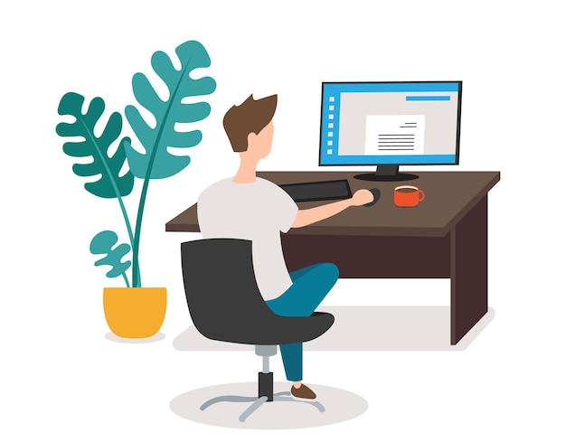 Office people vector young man working on computer.