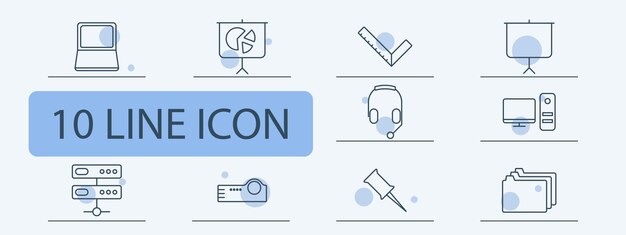 Office set icon Laptop headphones presentation server files folders computer monitor system unit ruler microphone call center projector pin button mouse Office work concept