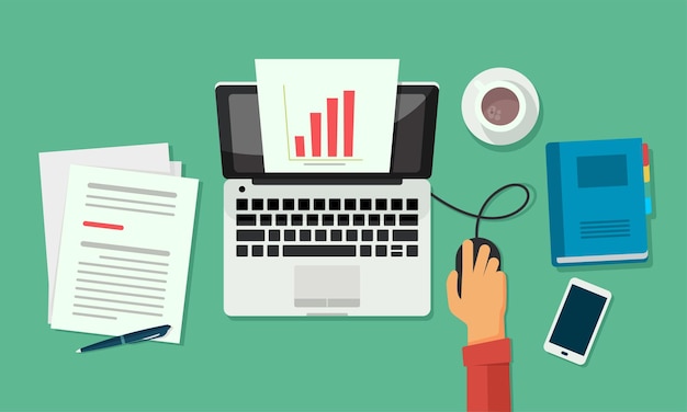 Office work desk vector illustration Office desk with laptop and report
