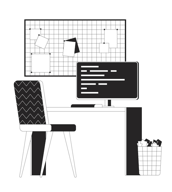 Office worker desk with computer black and white 2D line cartoon object