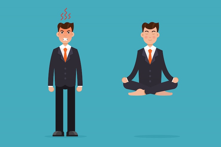 Vektör office worker  meditating, sitting in lotus pose. calm and angry.  businessman meditation  concept.  illustration.