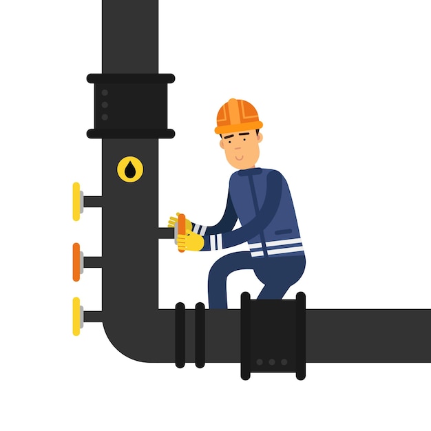 Oilman character in a blue uniform working on an oil pipeline, oil industry production vector Illustration on a white background