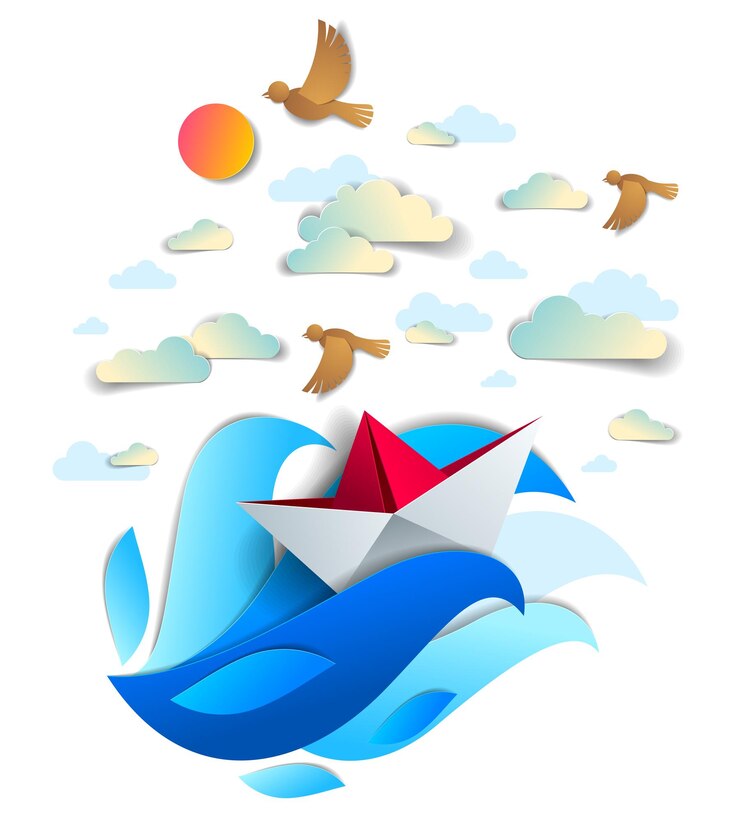 Vektör okyanus dalgalarında yüzen origami kağıt gemi oyuncak, denizde yüzen oyuncak tekne ve gökyüzündeki kuşlarla güzel vektör deniz manzarası çizimi. su yolculuğu, yaz tatilleri.