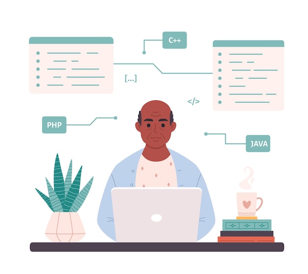 old black man working on computer at home programming freelance remote working
