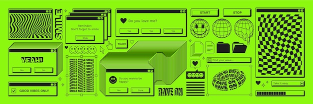Old computer aestethic Retro pc elements windows icons smile in trendy y2k rave retro style