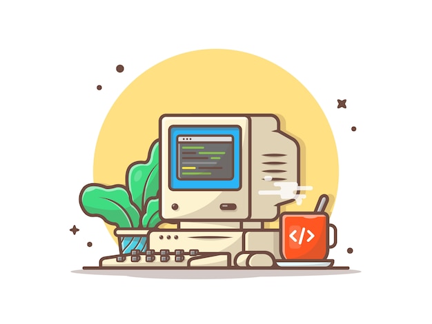 Old Computer Desktop with Hot Coffee and Plant Vector Icon Illustration