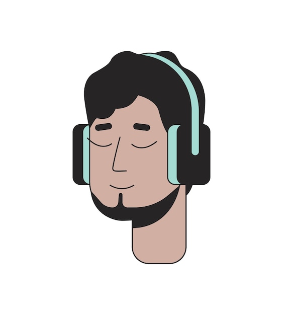 old dutch bearded arab man wearing headphones 2d linear cartoon character head middle eastern adult chin curtain beard isolated line vector person face white background color flat spot illustration