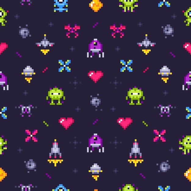 Old games seamless pattern. Retro gaming, pixels video game and pixel art arcade   