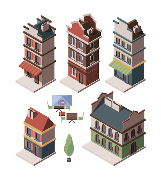 Old house isometric. Medieval buildings royal gates retro apartment antique constructions vector set. Illustration construction house isometric, residential living dwelling