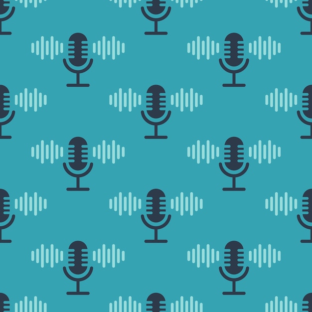 Old microphone with sound waves Vector seamless pattern in retro style