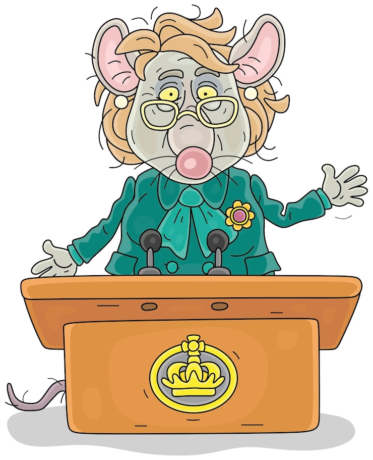 Vektör old official rat giving its very important public speech on a rostrum with microphones at a meeting