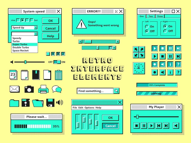 old pc elements 1990s technology computer graphics interface console vintage internet bar style retro 80s trendy geek web window tidy vector design