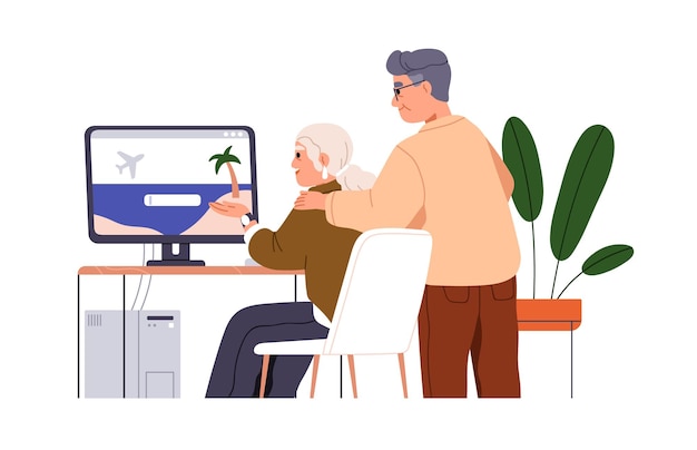 old tourists couple choosing tour online modern senior spouse surfing browsing internet for holiday travel trip at computer using technology flat vector illustration isolated on white background