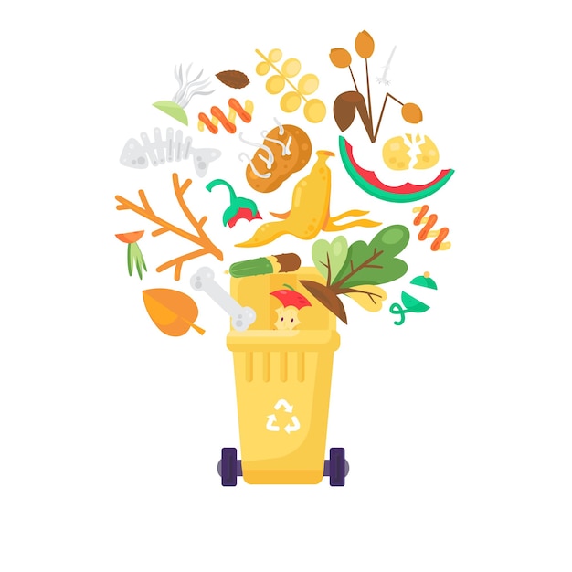 Old unwanted Food Leftovers fall into open trash bin Heap of old vegetables fruits and compost Organic pollution problem Cartoon vector isolated on white background