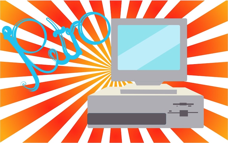 Vektör old vintage retro hipster antique disco gray bright beautiful computer with floppy on a background