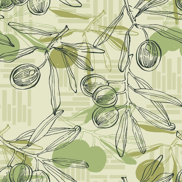 Olives seamless pattern with olive branches and leaves