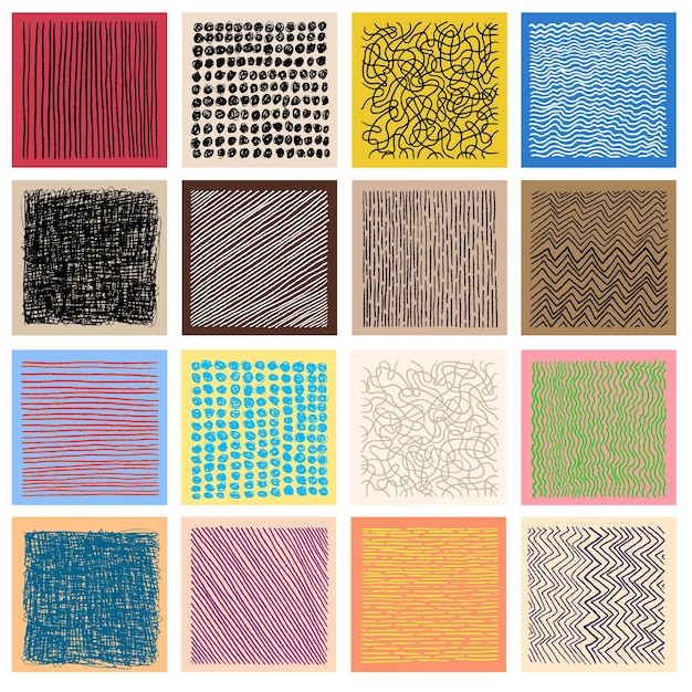 Ollection of ink hand drawn hatch colored texture Abstract colorful ink lines points hatching strokes and graphic design Elements isolated on white background Set of black vector sketch