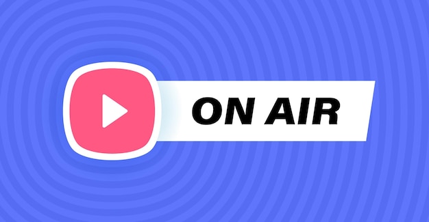 On air badge design med play knap isoleret på geometrisk baggrund i blå farver Moderne flad stil vektor illustration