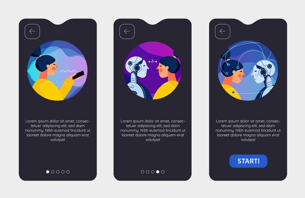 Onboarding app screens with robotic artificial intelligence technology