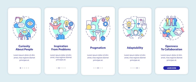 Onboarding mobilapp sida skärm för egenskaper hos socialt entreprenörskap