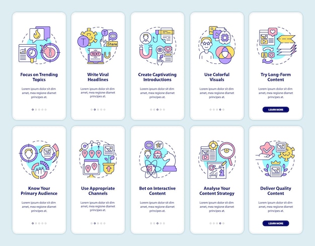 Onboarding mobilapp sida skärmar för att göra innehåll viralt.