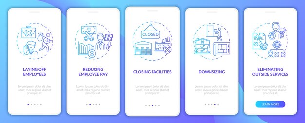 Onboarding mobilapp-side med koncepter om omkostningsbesparende foranstaltninger. Reduktion af medarbejderløn gennemgangstrin. UI-skabelon med RGB-farve