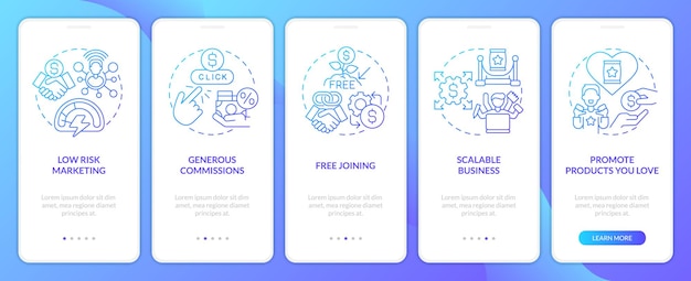 Onboarding-mobilappskärm med blå gradient för fördelar för affiliate-marknadsförare