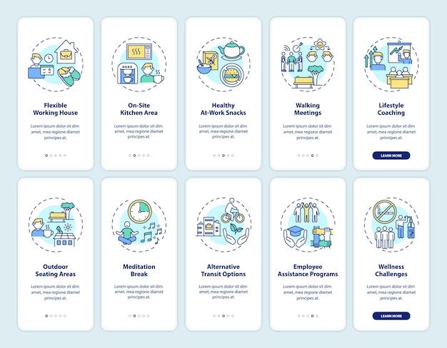 Onboarding-side til mobilapp for virksomheders trivsel med konceptsæt