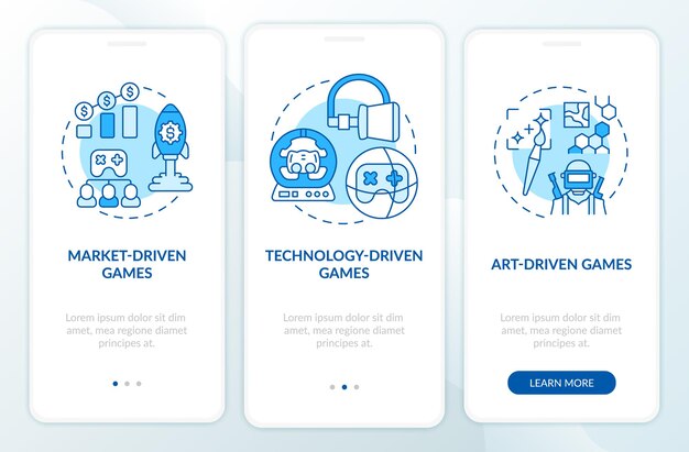 Onboarding-side til mobilapp med typer af videospil med koncepter