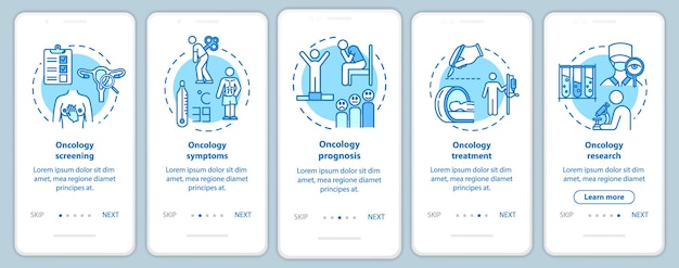 oncology onboarding mobile app page screen with concepts. cancer symptoms and prognosis. illness treatment walkthrough five steps graphic instructions. ui vector template with rgb color illustrations