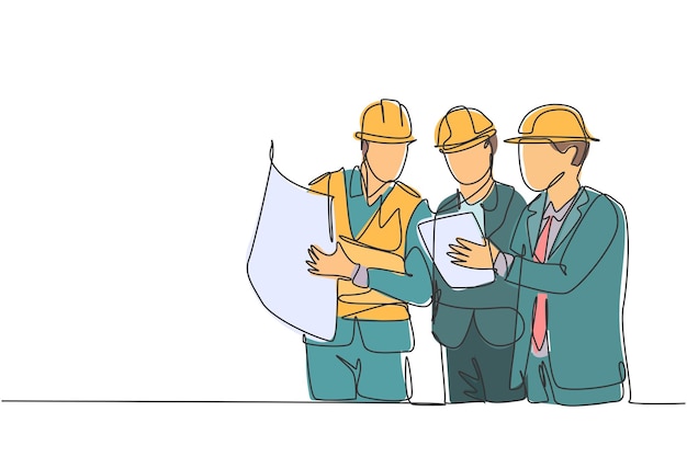 one continuous line drawing architect manager and engineer meeting at building construction vector