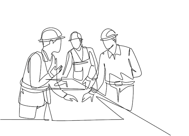 one continuous line drawing architects discussing construction design blueprint at office vector