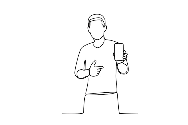 One continuous line drawing of a young masculine man showing his cell phone facing forward