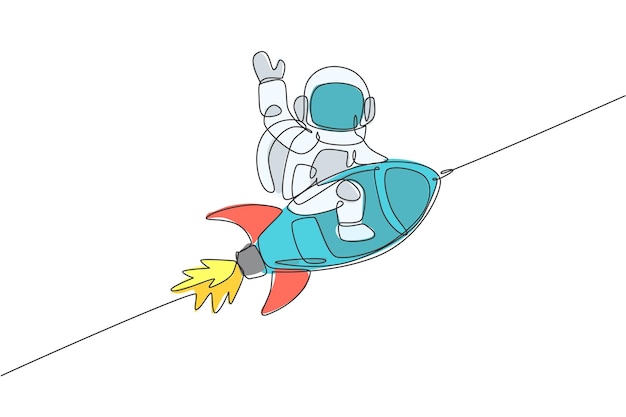 One continuous line drawing of astronaut scientist exploring outer space in retro style vector