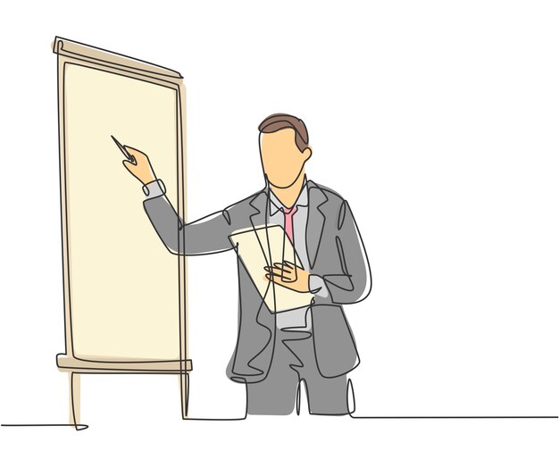 One continuous line drawing of businessman presenter drawing graph on screen board while on meeting