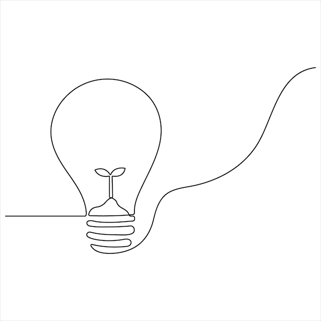 One continuous line drawing of clean light bulb with green leaf organic plant inside icon logo