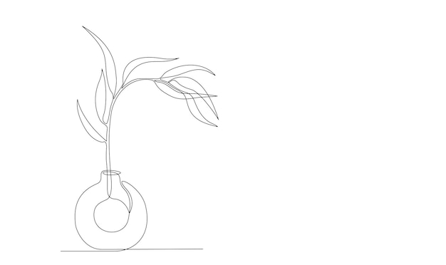 one continuous line drawing of leaves plant in vase bottle creative minimalist hand painted drawing with decorative vase flower branch and leaves vector hand drawing sketch line illustration