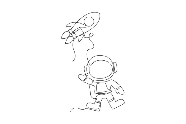 One continuous line drawing of rockets and astronauts in space Outer space and astronaut minimalist universe concept Dynamic single line draw design vector graphic illustration