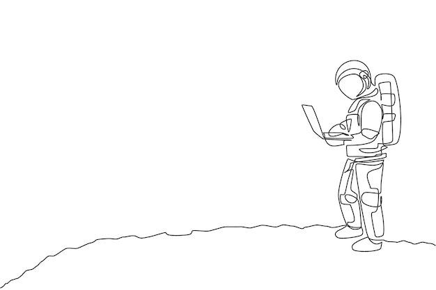 one continuous line drawing of spaceman on spacesuit standing while typing in moon surface vector
