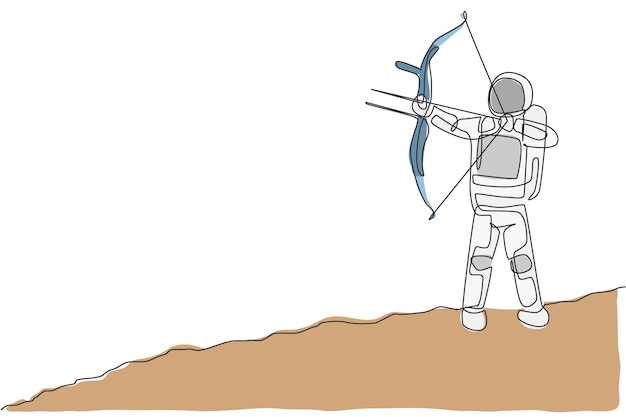 one continuous line drawing of young astronaut focus aiming archery into target in galaxy space