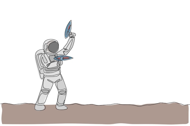 one continuous line drawing of young astronaut shoot using space laser gun to kill enemy in moon