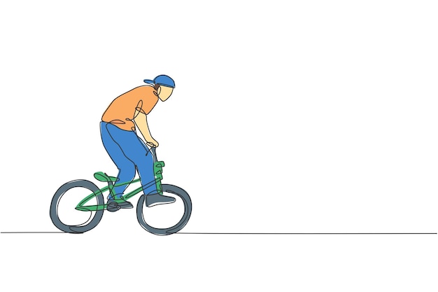 One continuous line drawing of young BMX bicycle rider flying on the air trick at skatepark poster