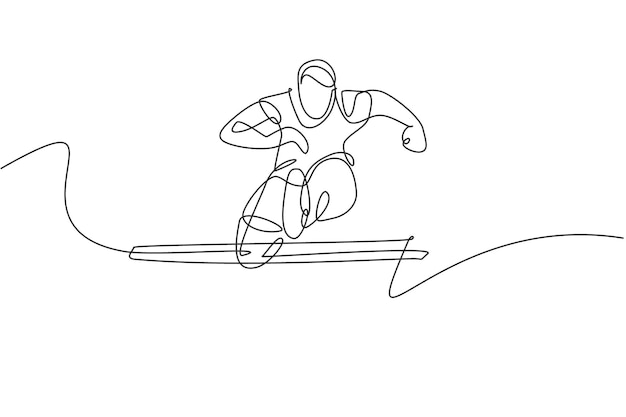 one continuous line drawing of young sporty man runner jumping obstacle while run design vector