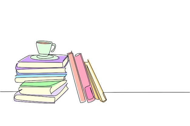 one continuous line drawing pile of books and a cup of coffee on office desk work space table vector